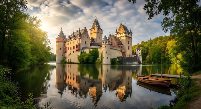 A medieval castle with turrets and a moat reflects in a serene lake.