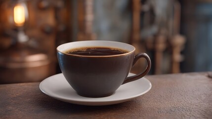 Obraz premium A dark brown mug filled with hot coffee sits on a white saucer in a dimly lit industrial setting