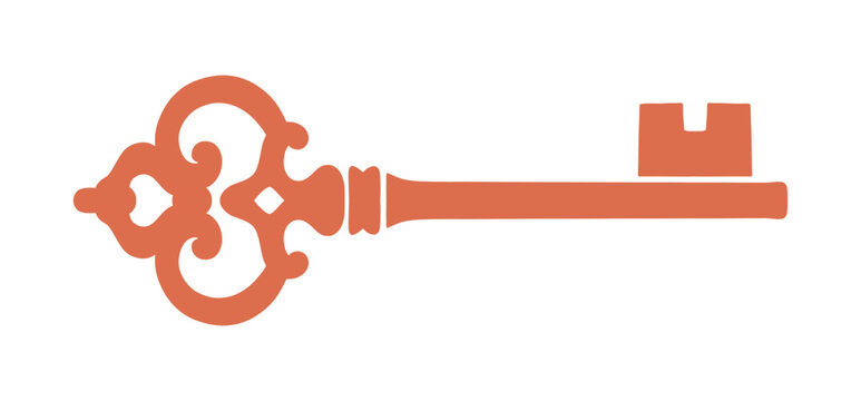 Valentine's Vintage Ornate Key Linocut silhouette. Antique decorative key illustration for romantic invitations, wedding decor, lovers day, and retro crafts