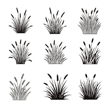 Collection of various cattail and grass silhouettes