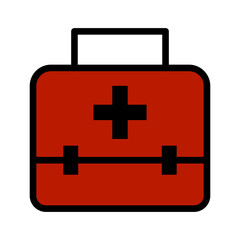 Obraz premium Red first aid kit icon with a black cross symbol, Emergency medical bag illustration, Healthcare and life-saving equipment, Doctor's briefcase for medical supplies, for safety and first aid concept