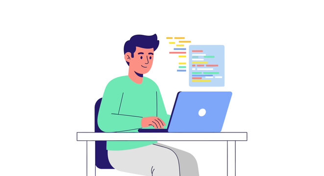 Man coding on a laptop with colorful lines of code on screen - vector illustration