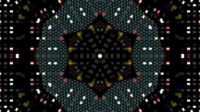 Glowing abstract hexagonal pattern with symmetrical composition on a dramatic black background.