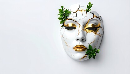 Artistic cracked white mask with golden makeup and green leaves.