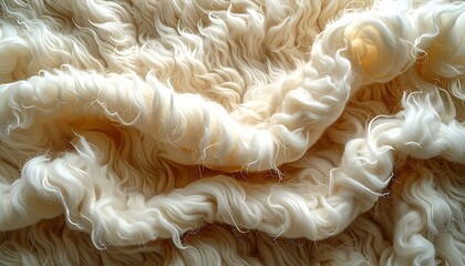 Close-up of undulating, creamy-white fiber, resembling soft, wavy strands of wool or fur, creating a textured pattern