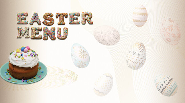 Easter menu template with festive cake, decorated eggs, and "Easter Menu" text made of cookies with sprinkles on elegant golden background. Perfect for restaurant seasonal offers and flyers