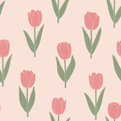 Obraz premium Seamless Pattern of Pink Tulips on Beige Background.