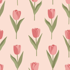 Obraz premium Seamless Pattern of Pink Tulips on Light Background.