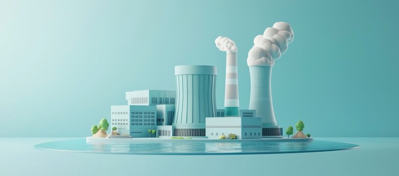 Minimalist cartoon isometric nuclear power plant illustration