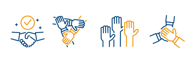 Fototapeta premium Teamwork icons, set icon of team hands together, three hands supporting each other, team cooperation, handshake, line vector with editable stroke