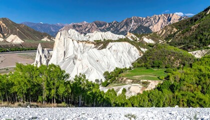 Dramatic White Rock Formations in Lush Green Valley Under Blue Sky.