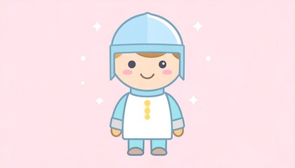 Adorable cartoon character with light blue knight armor and a smiling face against a soft pink background