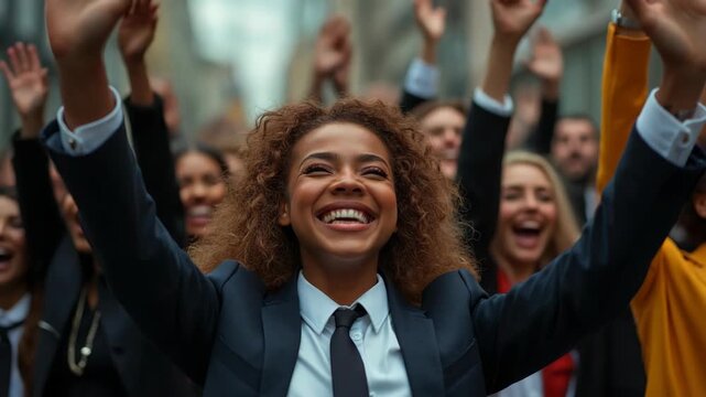 Close up shot yelling diversity different age multiethnic mixed race business people stand she her he him his best brigade hands arms raised up project got first place formalwear jackets sh.