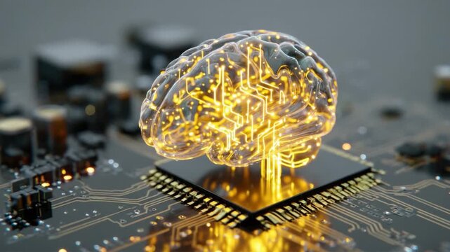 Digital Brain: A radiant, illuminated brain model rests upon a circuit board, symbolizing the convergence of intelligence and technology. A visual metaphor for innovation and the future of thinking.