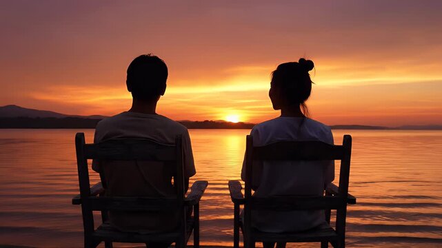 Two Silhouetted Friends Sit Watching Sunset Over Water.