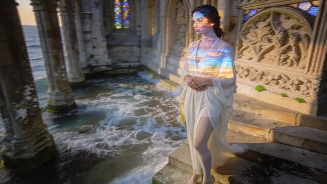 Adult woman in a flowing robe, high heels and beige nylons standing on cathedral steps as slow tides lap, stained glass casting oceanic patterns across her profile, salt‑weathered stone.