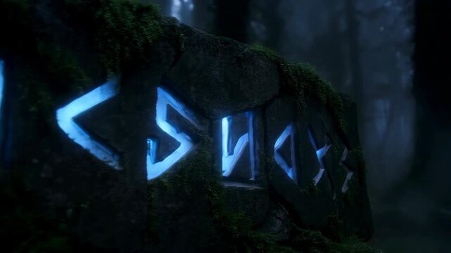 Glowing runes on stone background ancient mystery viking magic esotericism copy space spiritual power secret ritual nord pagan symbol sign forest dark history alphabet energy myth folklore shield