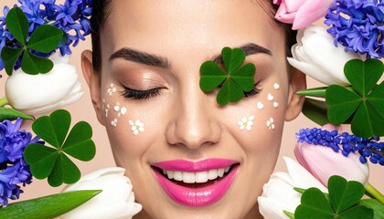 Beautiful woman with shamrocks and flowers for spring beauty and luck.