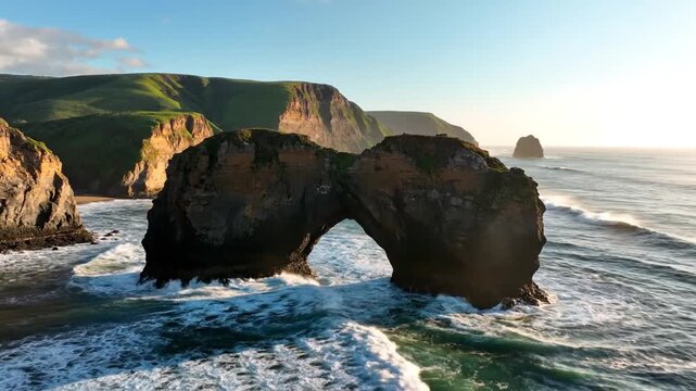 Natural rock arch in ocean against coastal cliffs at golden hour