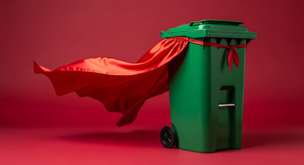 Green trash can with a flowing red cape, superhero theme
