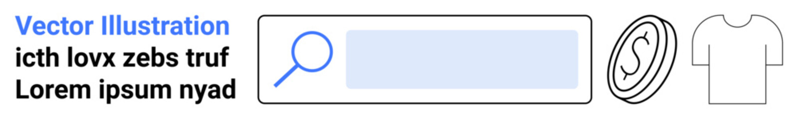 E-commerce, online shopping, retail, product search, financial transactions, interface design. Search bar with magnifying glass, currency symbol and t-shirt outline. E-commerce and online shopping