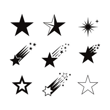 Collection of various star shapes and shooting stars in black and white