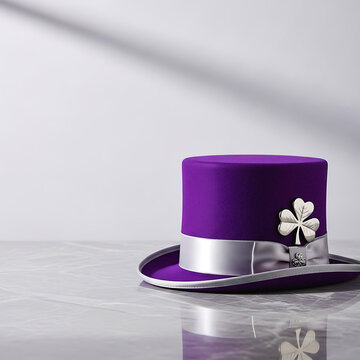 Elegant Purple Top Hat with Silver Shamrock on Luxury Marble Background. Modern St. Patrick's Day Style Featuring Purple Leprechaun Hat and Copy Space.