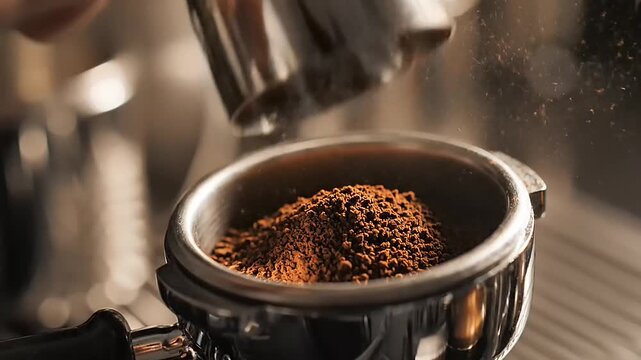 Barista skillfully tamps fresh espresso grounds into a portafilter for brewing a rich coffee beverage.