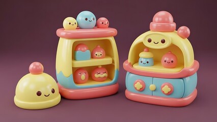 Obraz premium Whimsical 3D render of cute cartoon toy shelves filled with adorable characters, in pastel pink, yellow, and blue. Perfect for children's products or playful designs.