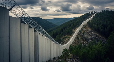 Concrete border wall with barbed wire extending across a mountain landscape. Security concept for national boundaries and migration issue.