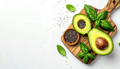 Fresh Ripe Avocado Halved and Whole with Basil and Peppercorns on Wooden Cutting Board.