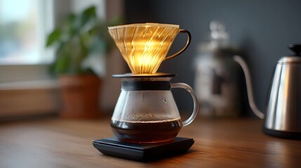 Glistening pour over coffee maker brews dark aromatic coffee into a glass carafe