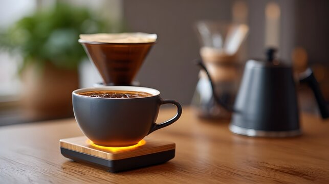 A cup of fresh coffee on a glowing warmer with a pour over brew station in the background
