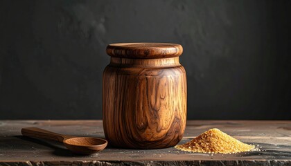 Rustic wooden jar with spoon and pile of yellow spice ingredients on a wooden table.
