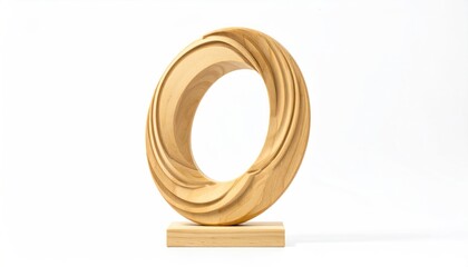 Abstract wooden sculpture with a twisted ring design on a base.
