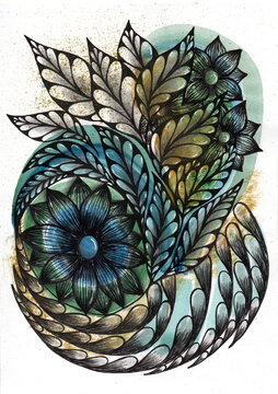 The center of the composition is a large stylized flower with deep blue-green petals, reminiscent of a mandala. It is surrounded by dynamic botanical elements: graceful leaves with detailed veins and 