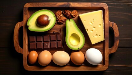 Healthy food ingredients including avocado eggs cheese chocolate and nuts on a wooden tray.