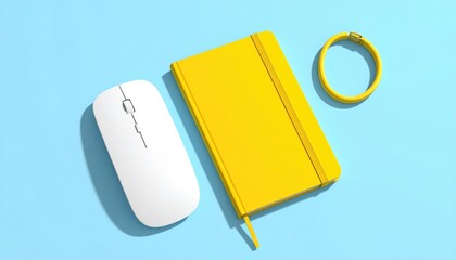 Minimalist flat lay composition of a white computer mouse yellow notebook and hair tie on a blue background.