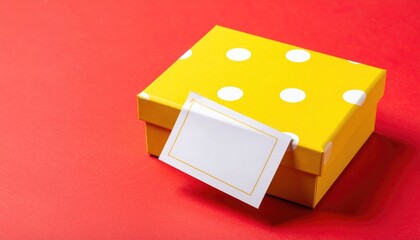 Bright yellow polka dot gift box with blank card on red background.