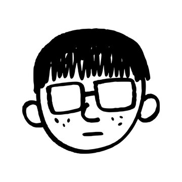 Nerd Boy Face Doodle Illustration. Hand Drawn Minimalist Line Art of Smart Male Character with Glasses for Graphic Design.