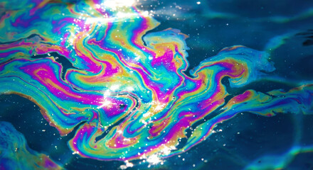 Fototapeta premium iridescent oil slick swirl texture on water abstract background