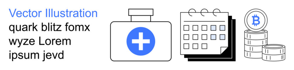 Obraz premium Healthcare, blockchain, scheduling, innovations, finance, digital planning. Medical kit with a cross, calendar and Bitcoin coin stacks. Healthcare and blockchain concepts in a digital economy