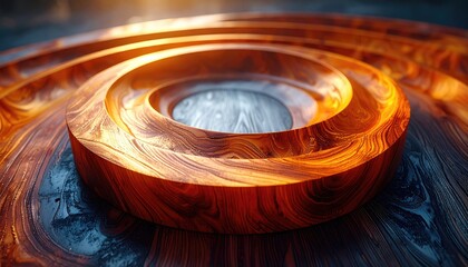 Abstract wooden vortex with glowing orange and blue energy swirls.