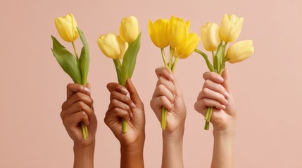 Multiple women's hands hold tulips together for a celebration of women's empowerment