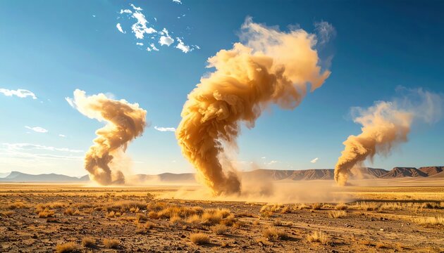 FlyPro_Firefly presents high-resolution dust devils dancing across a desolate, dry plain, captured with dynamic, slightly angled light, ar_772bb3_1.