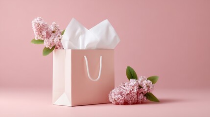 Unbranded gift bag with tissue paper and bouquet of flowers on a pastel background for seasonal promotions and celebrations