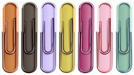 Seven vibrant, shiny paperclips in varied colors against a stark white backdrop
