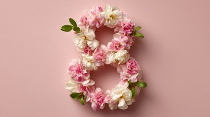 Obraz premium Spring flowers form number 8 shape on a pastel background for modern holiday and celebration themes