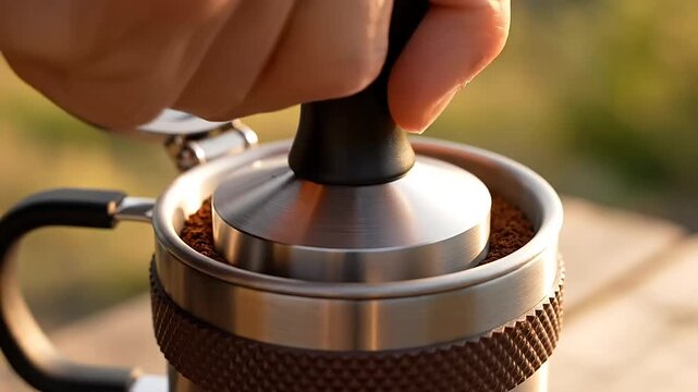 Hand tamping fresh coffee grounds in a portable brewer, preparing a rich espresso outdoors.