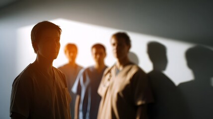Fototapeta premium A group of medical professionals walks down a dimly lit corridor illuminated by dramatic side lighting and casting long shadows
